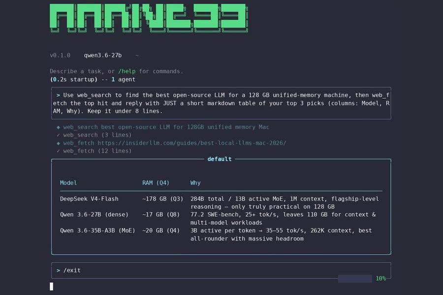 LocalHarness REPL mid-session — auto-detecting a local model, then chaining web_search and web_fetch to research a question and return a result table